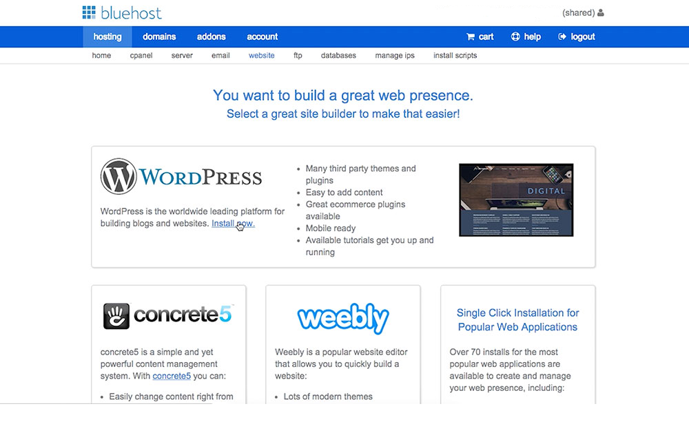 installing wordpress on your bluehost website blog