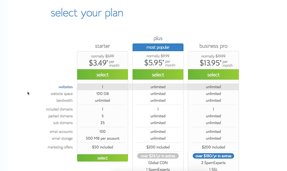 selecting Bluehost package