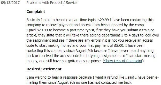 type at home scam complaints