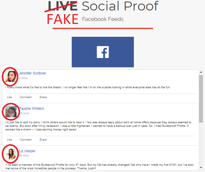 BULLETPROOF PROFITS FAKE SOCIAL MEDIA TESTIMONIALS