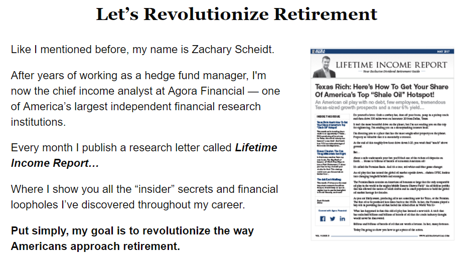 zach scheidt lifetime income report agora financial scam