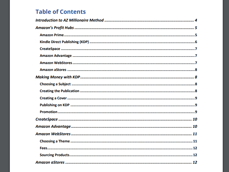 table of contents