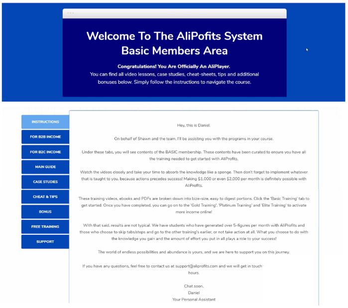 screenshot of AliProfits System members area