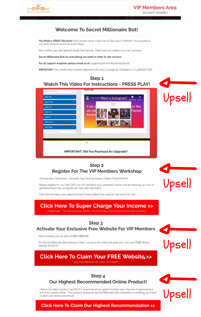secret millionaire bot members area upsells