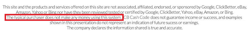 CB Cash Code income disclaimer