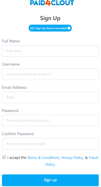 Paid4Clout sign up process