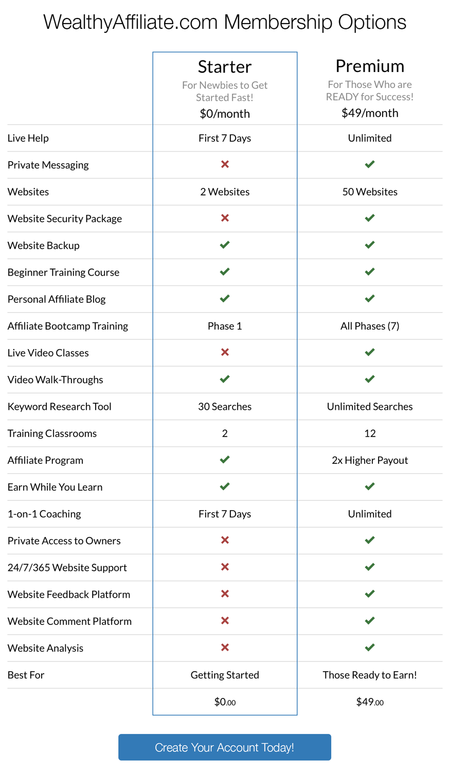 wealthy affiliate membership options