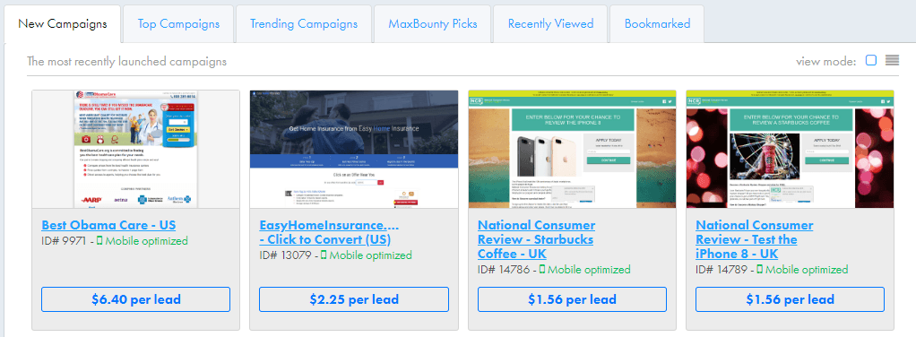 finding CPA offers on MaxBounty