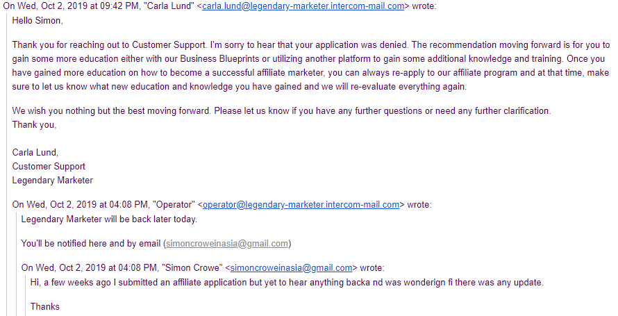 legendary affiliate program application denied