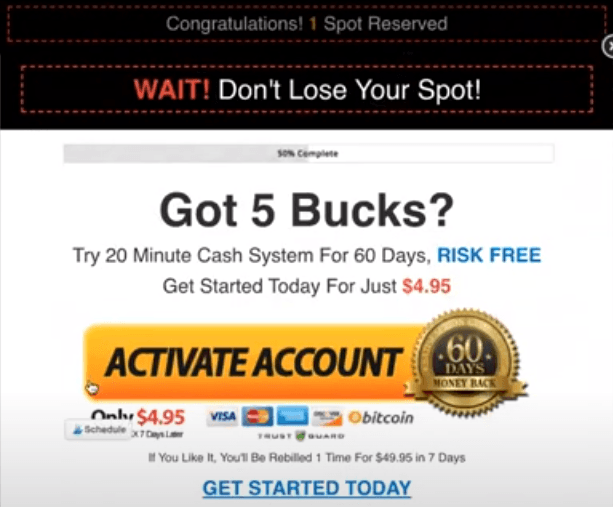 20 Minute Cash System Pop Up Page