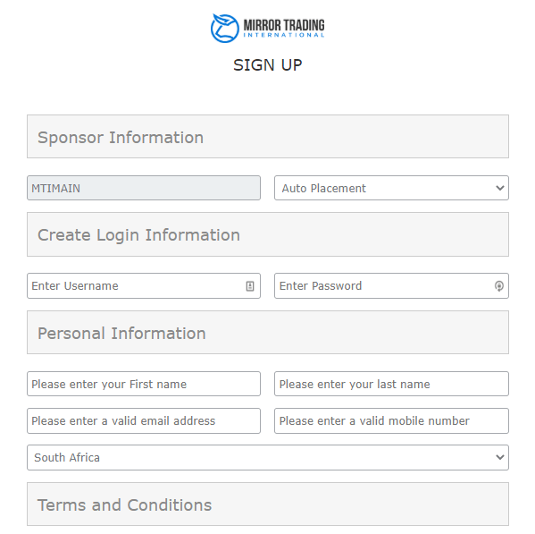 Mirror Trading Internatinal Sign Up Page