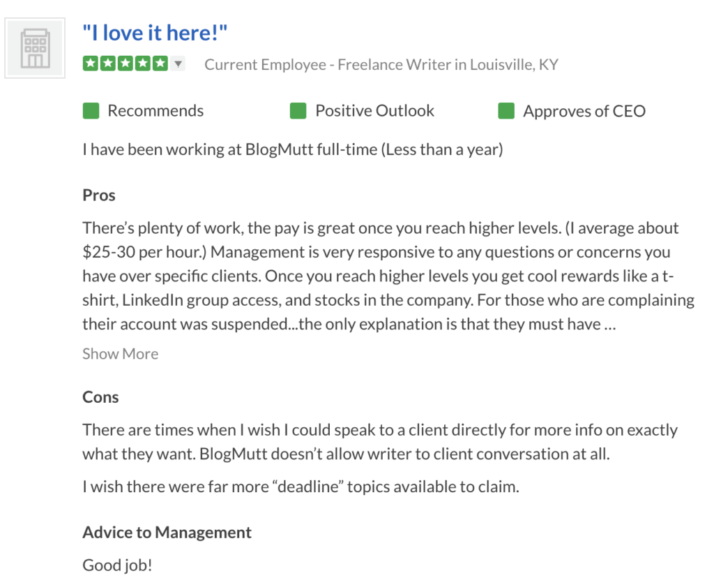 Blogmutt Positive Glassdoor Review