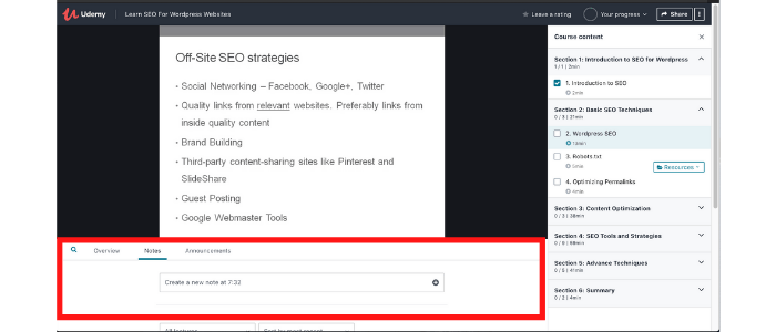Udemy Notes Feature