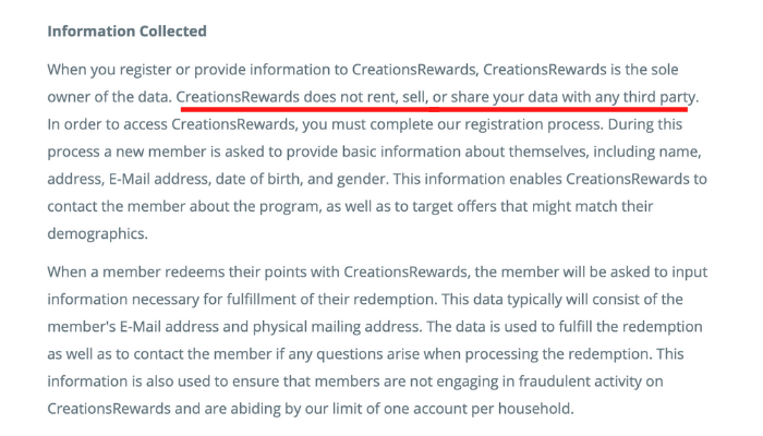 Creations Rewards Privacy Policy