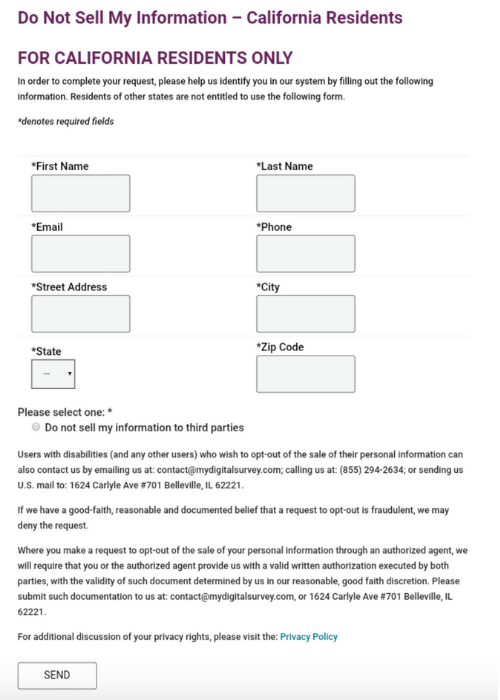 My Digital Survey Do Not Sell My Information Form