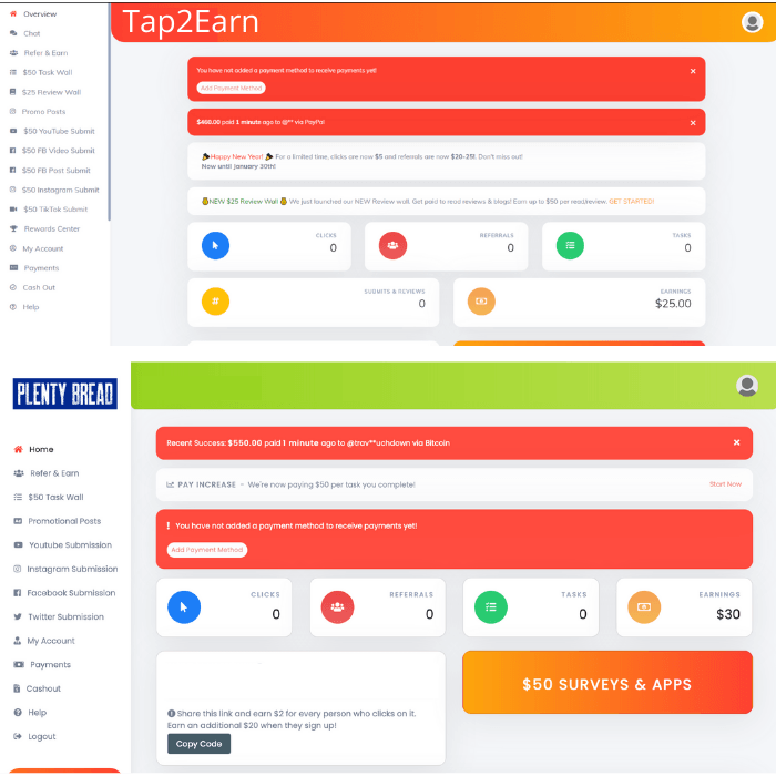 Plenty Bread And Tap2Earn Dashboard